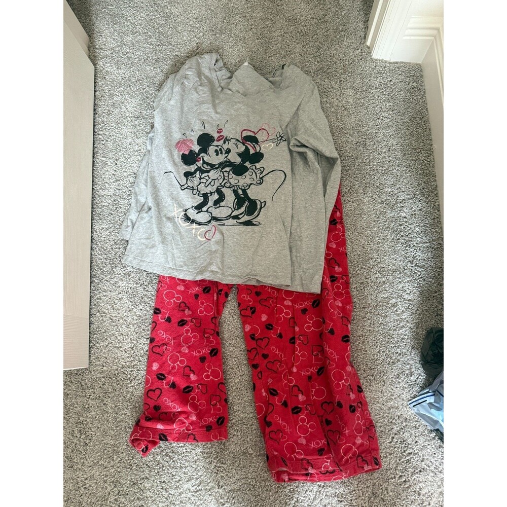 Disney Mickey Minnie Mouse Long Sleeve Flannel Pajamas Women’s XL gray red